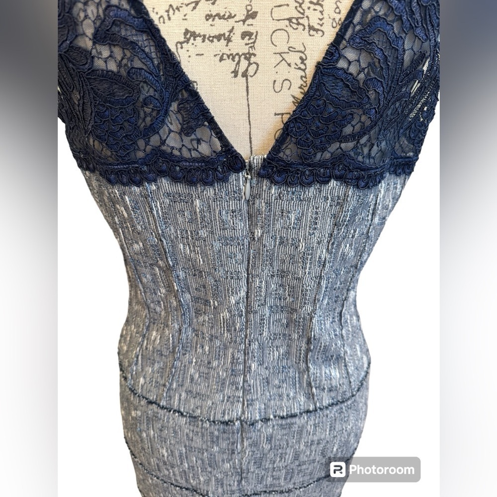 Kay Unger Sheath Dress Navy Blue Lace and Pewter Tweed Womens Size 12 - Picture 5 of 16
